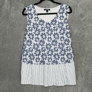 Roz & Ali 1X Shirt Top blue Floral Flower Sleeveless V Neck Stretch Lace Over